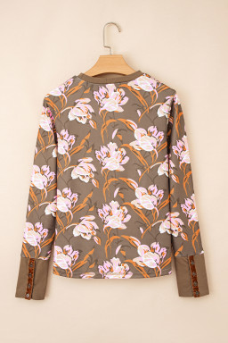 Brown Floral Print Waffle Textured Long Sleeve Top