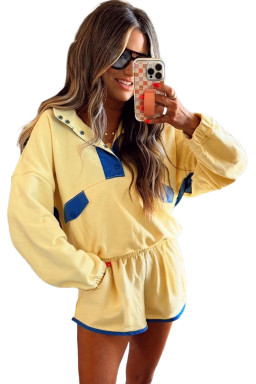 Yellow Colorblock Patchwork Half Button Pullover and Shorts Outfit