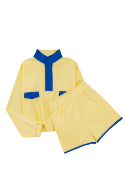 Yellow Colorblock Patchwork Half Button Pullover and Shorts Outfit