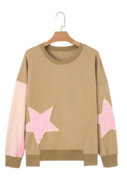 Sage Green Star Patchwork Exposed Seam Uneven Hem Sweatshirt