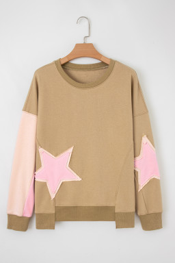 Sage Green Star Patchwork Exposed Seam Uneven Hem Sweatshirt