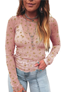 Pink Floral Print Mesh Slim Fit Long Sleeve Top