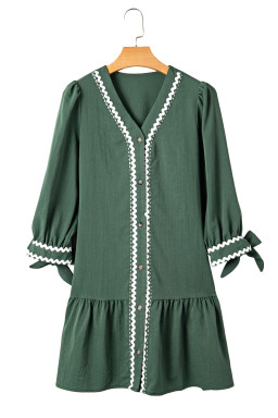 Canton Contrast Ricrac Trim Button V Neck Knotted Bracelet Sleeve Dress