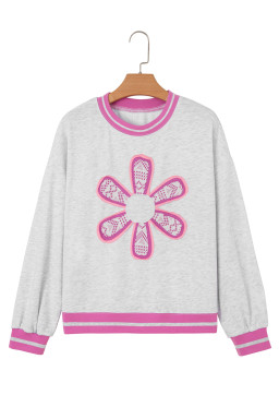 Gray Flower Patch Contrast Trim Crew Neck Sweatshirt