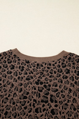 Brown Ribbed Trim Leopard Print Long Sleeve Top