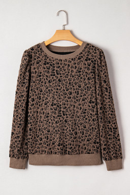 Brown Ribbed Trim Leopard Print Long Sleeve Top