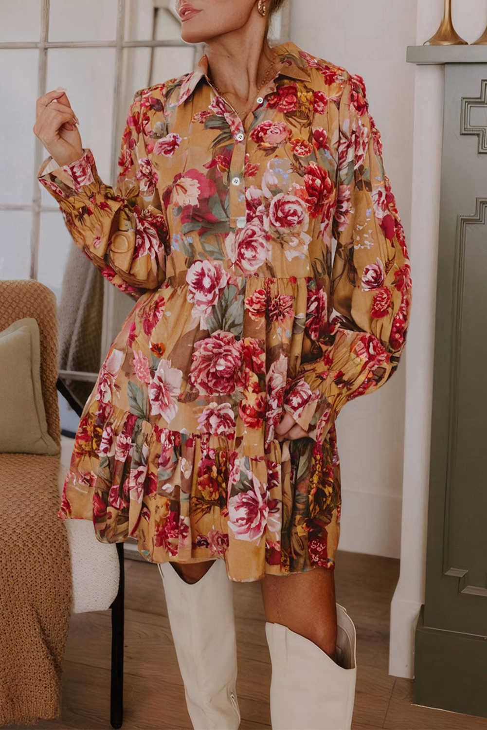 Brown Floral Print Shirt Style Long Sleeve Ruffle Mini Dress