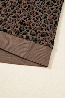 Brown Ribbed Trim Leopard Print Long Sleeve Top