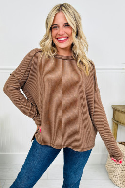 Dark Khaki Twisted Rib Exposed Seam Detail Long Sleeve Loose Top