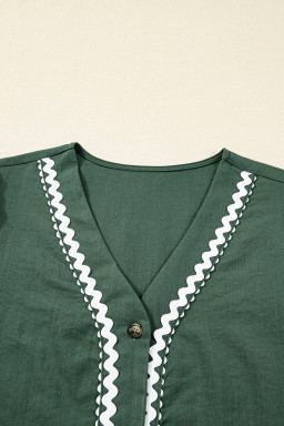 Canton Contrast Ricrac Trim Button V Neck Knotted Bracelet Sleeve Dress