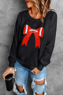 Black Game Day Chenille Bow Terry Flocking Drop Shoulder Sweatshirt