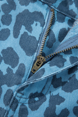 Sky Blue Leopard Print Straight Loose Jeans