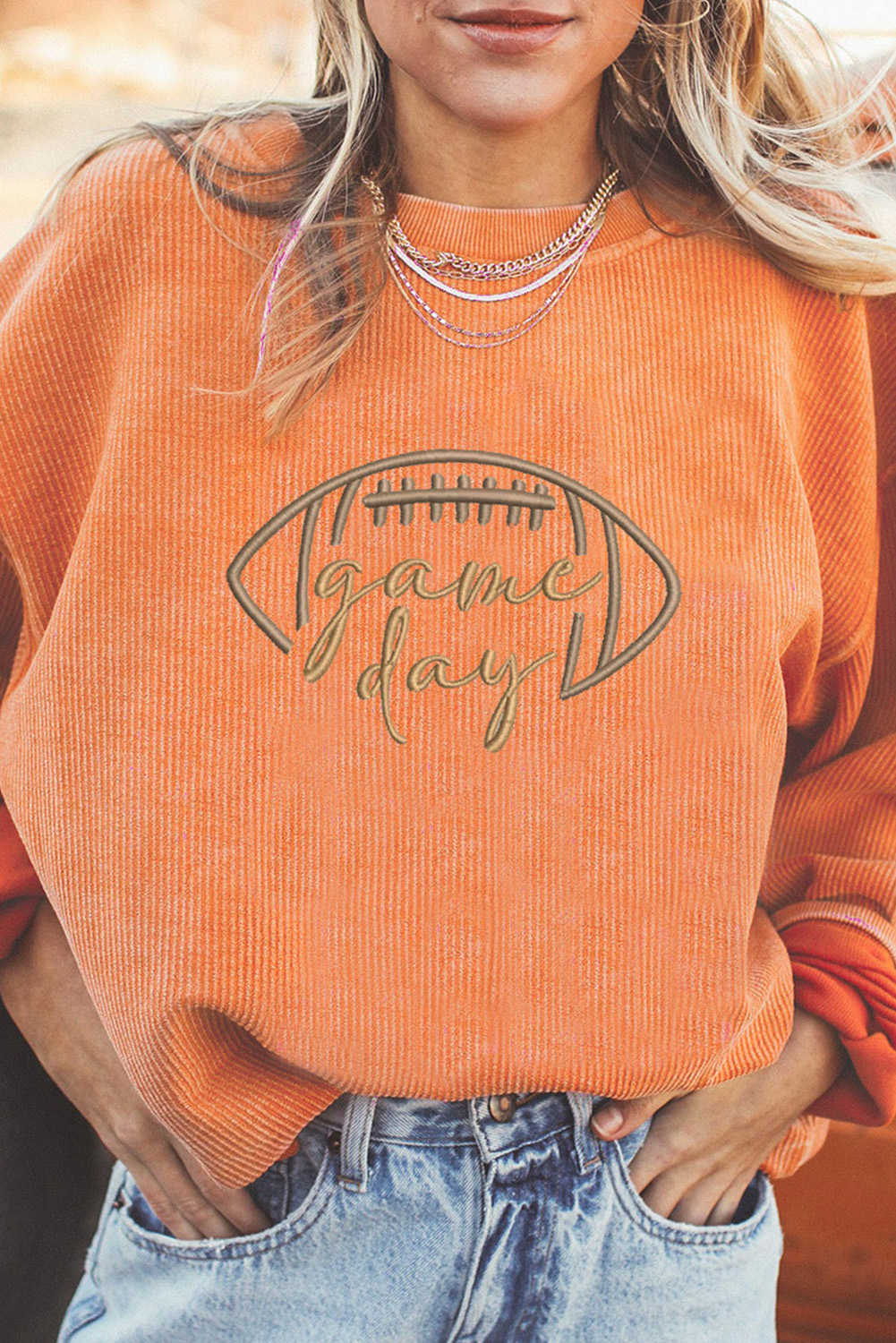 Orange Football Graphic Game Day Embroidered Corded Sweatshirt