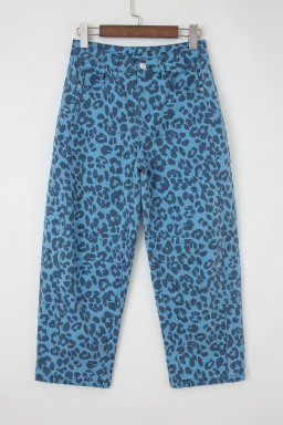 Sky Blue Leopard Print Straight Loose Jeans