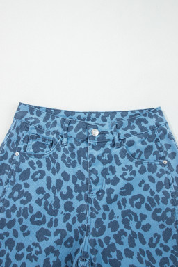 Sky Blue Leopard Print Straight Loose Jeans