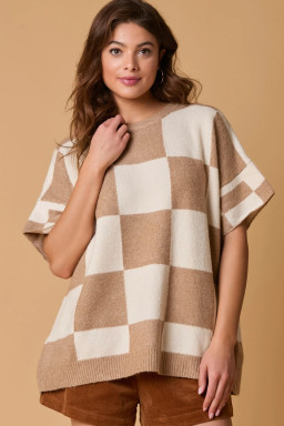 Light French Beige Checkered Pattern Loose Short Sleeve Sweater