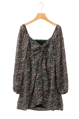 Green Ditsy Floral Print Sweetheart Neck Smocked Back Mini Dress