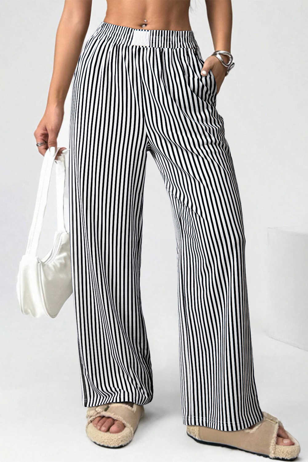 Black Striped Elastic Waistband Pocketed Loose Pants