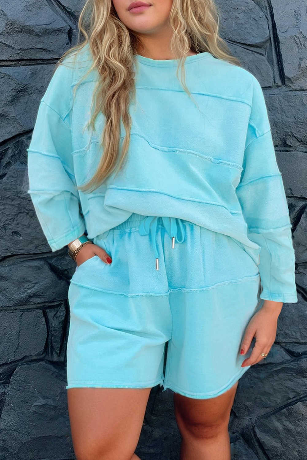 Aruba Blue Solid Color Pullover Top Plus Size Raw Hem Shorts Set