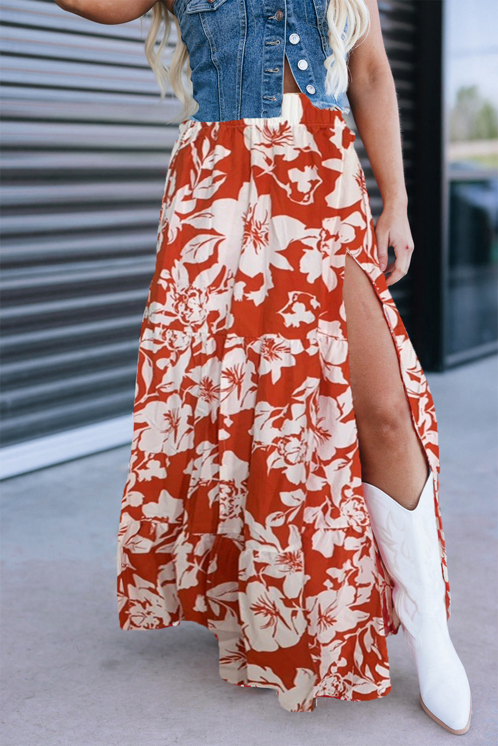 Red High Split Floral Tiered Maxi Skirt