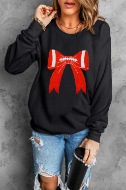 Black Game Day Chenille Bow Terry Flocking Drop Shoulder Sweatshirt