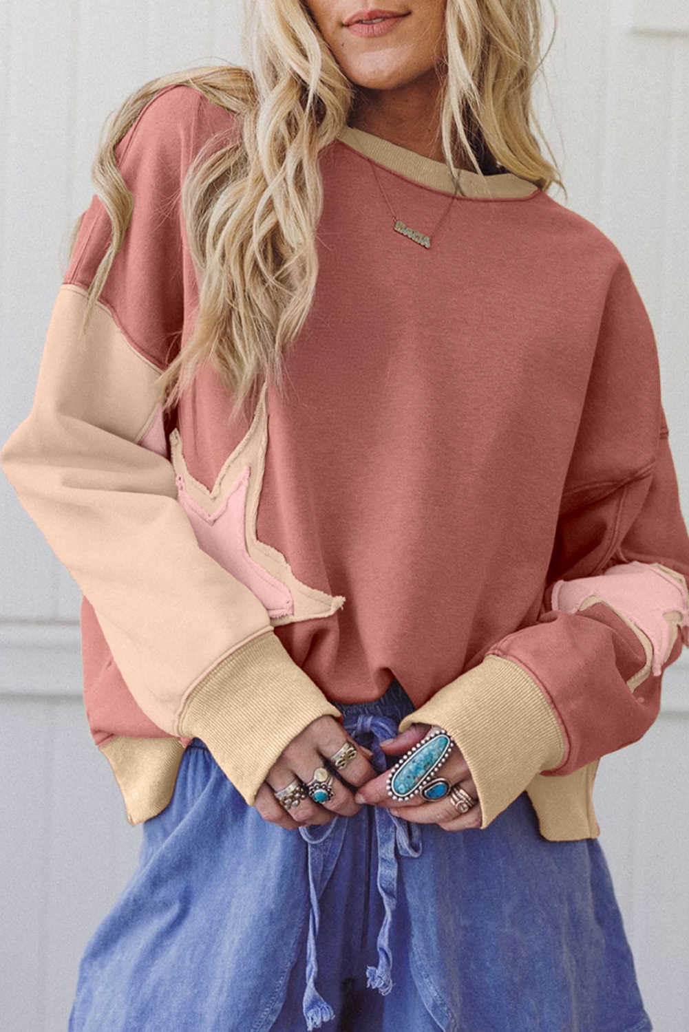 Rose Pink Star Patchwork Exposed Seam Uneven Hem Sweatshirt