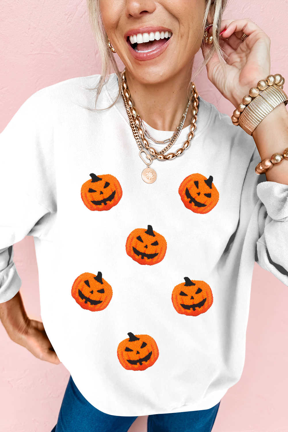 White Pumpkin Face Terry Flocking Pattern Halloween Crew Neck Sweatshirt