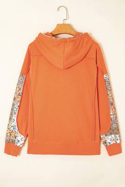 Flamingo Mix Floral Patchwork Side Slit Drawstring Hoodie