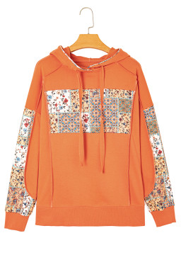Flamingo Mix Floral Patchwork Side Slit Drawstring Hoodie