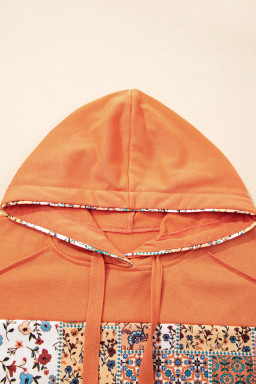 Flamingo Mix Floral Patchwork Side Slit Drawstring Hoodie