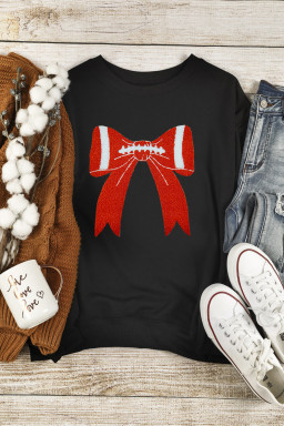 Black Game Day Chenille Bow Terry Flocking Drop Shoulder Sweatshirt