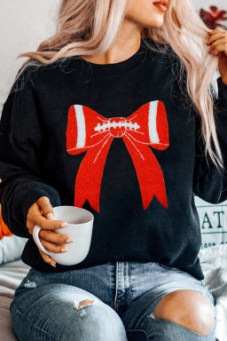 Black Game Day Chenille Bow Terry Flocking Drop Shoulder Sweatshirt