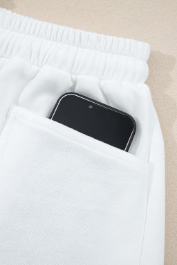 White Ribbed Collar Drop Shoulder Sweatshirt and Shorts Set