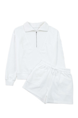 White Ribbed Collar Drop Shoulder Sweatshirt and Shorts Set
