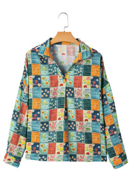 Sky Blue Floral Patchwork Collared V Neck Blouse