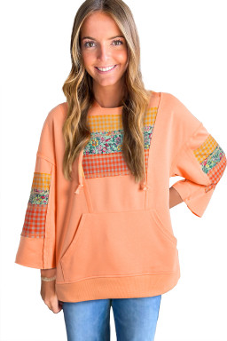 Grapefruit Orange Plaid Floral Patchwork Kangaroo Pocket Hooded Top