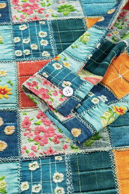 Sky Blue Floral Patchwork Collared V Neck Blouse