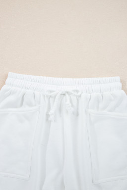 White Ribbed Collar Drop Shoulder Sweatshirt and Shorts Set