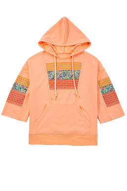 Grapefruit Orange Plaid Floral Patchwork Kangaroo Pocket Hooded Top
