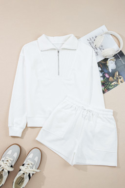 White Ribbed Collar Drop Shoulder Sweatshirt and Shorts Set