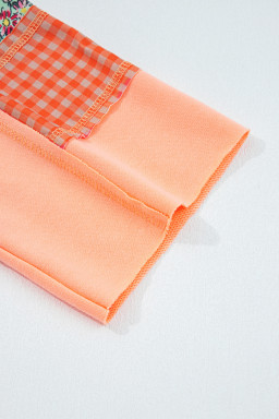 Grapefruit Orange Plaid Floral Patchwork Kangaroo Pocket Hooded Top