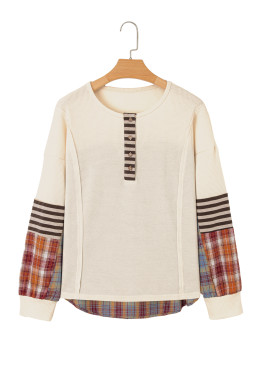 Beige Waffle Stripe Plaid Patchwork Henley Top
