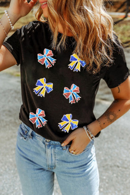 Black Cheerful Sequin Bow Patched Game Day T Shirt