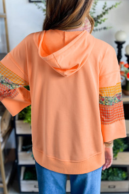Grapefruit Orange Plaid Floral Patchwork Kangaroo Pocket Hooded Top
