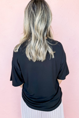 Black Cheerful Sequin Bow Patched Game Day T Shirt