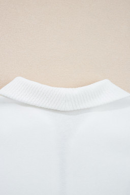 White Ribbed Collar Drop Shoulder Sweatshirt and Shorts Set