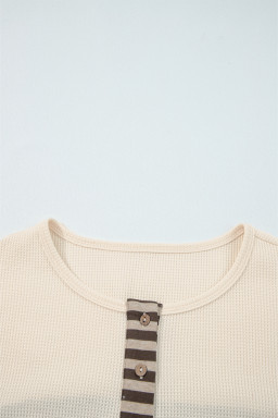 Beige Waffle Stripe Plaid Patchwork Henley Top