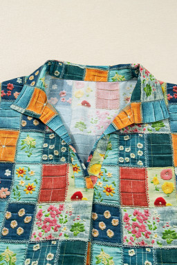 Sky Blue Floral Patchwork Collared V Neck Blouse