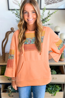 Grapefruit Orange Plaid Floral Patchwork Kangaroo Pocket Hooded Top