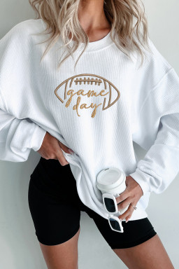 White Football Graphic Game Day Embroidered Corded Sweatshirt
